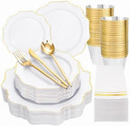 WDF 175Pcs Gold Plates Disposable - White and Gold Plastic Plates 25guest Plastic Dinnerware Ideal for Party/Wedding/First Communion by WDF