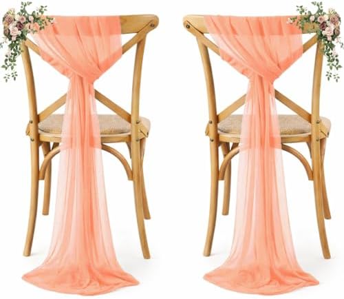 MDS Pack of 50 Chiffon Chair Sashes for Wedding & Event Décor - Peach by MDS