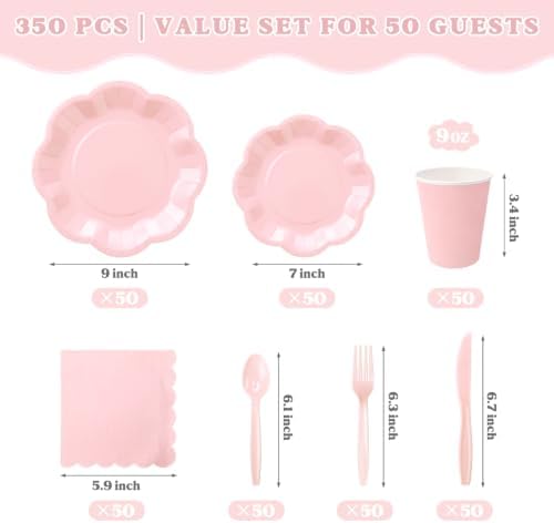 Vyntra Light Pink Paper Plates, Cups & Napkins, 350 Pcs Scalloped Party Set - Image 2
