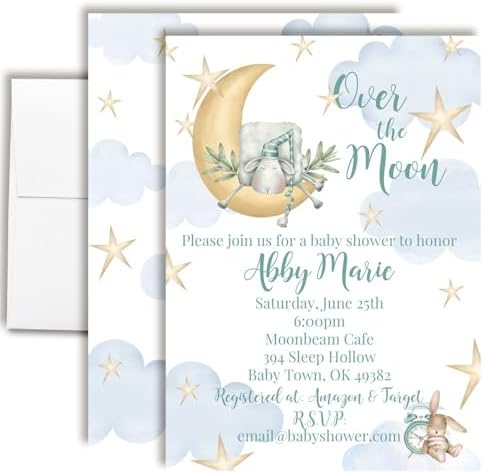Custom Baby Shower Invites Over the Moon Invitations for Boys, Pack of 20 5x7 Personalized Sleepy Cloud & Stars Invites with Envelopes - Unique Watercolor Baby Shower Cards by AmandaCreation by AmandaCreation