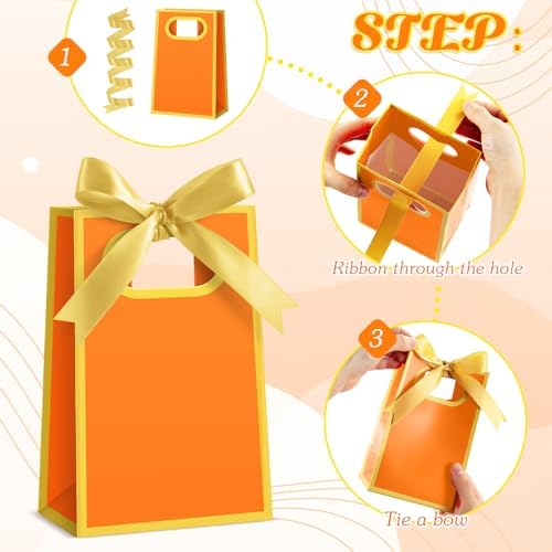 AmazingSpark 50 Pcs Orange Gold Mini Gift Bags Bulk 6.3 x 3.9 x 2.8 Inch Party Favors Elegant Small Gift Bags with Handles and Ribbon Bows for Wedding Birthday Bridal Baby Shower Party Favors - Image 6