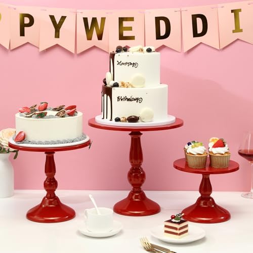 Set of 3 Red Cake Stands, QENUIITEA Metal Round Cake Holder Dessert Pie Pizza Display Stand 8" 10" 12" Serving Tray Decoration for Wedding Celebration Party Birthday Baby Shower - Image 5