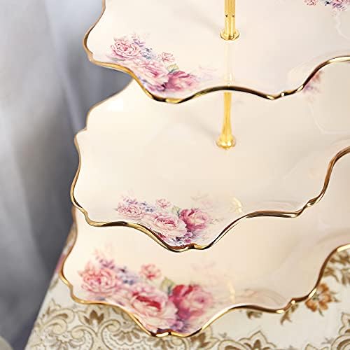 fanquare 3-Tier Royal Vintage Floral Cupcake Stand with Gold Trim - Image 5