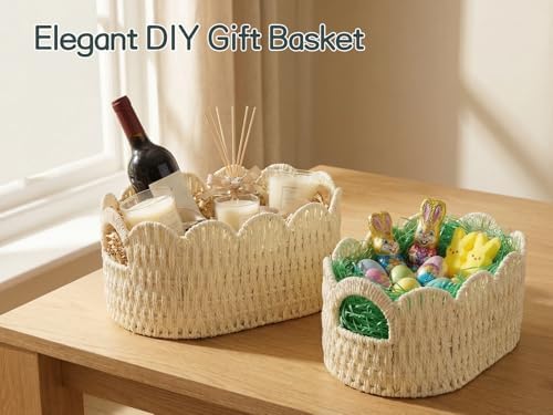 Set of 2 Paper Rope Scalloped Baskets, Small Baskets for Gifts, Beige - Image 5