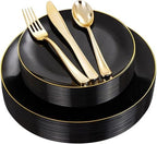 YOUBET 125PCS Black Plastic Plates with Gold Rim by YOUBET