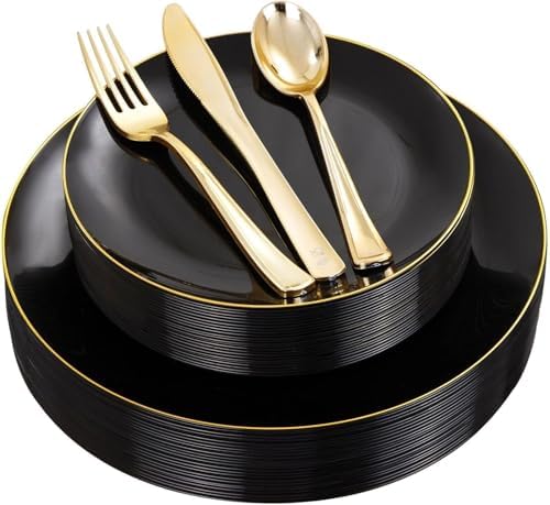 YOUBET 125PCS Black Plastic Plates with Gold Rim by YOUBET