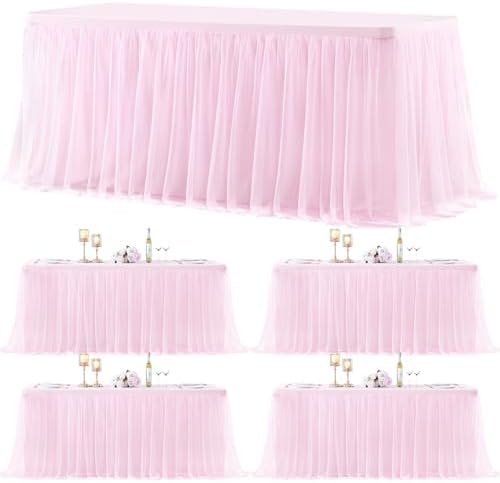 4 Pack Pink Table Cloth for 6 Foot Rectangle Tables, Pink Stretch Fitted Tulle Table Covers Skirt, Rectangular Ruffle Tutu Tablecloth Wedding Banquet Baby Shower Cake Tablecloths Decorations by Tao-GePartyDecorations