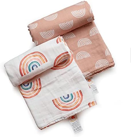 Miaoberry Organic Muslin Baby Swaddle Blanket and Hat Set Newborn Unisex Neutral Boy Girl| Boho Rainbow |Photo Props Birth Announcement Card - Image 5