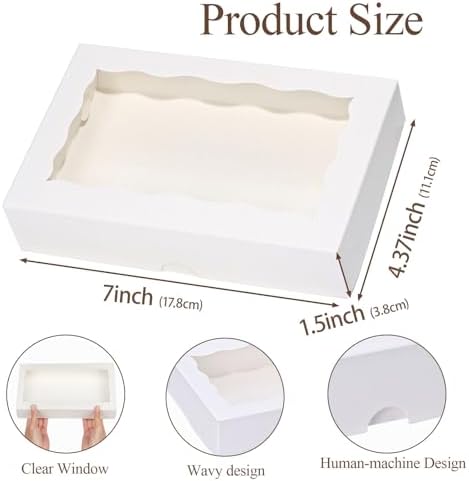 RomanticBaking 100 Pack White 7 x 4 3/8 x 1 1/2inches Cookies Boxes with Window Christmas Bakery Packaging for Macaron Treat Boxes Chocolate Truffle - Image 5