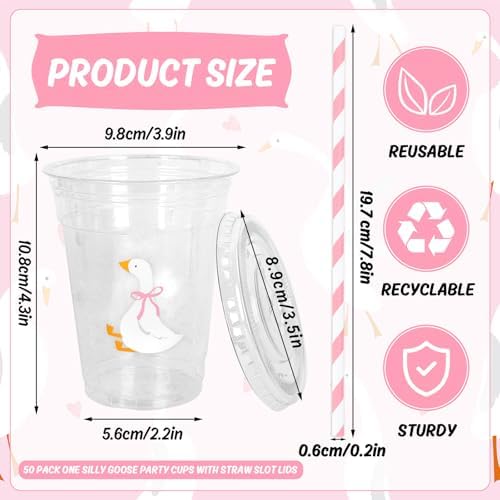 Whaline 50 Pcs One Silly Goose Disposable Plastic Cups with Lids and Straws 12 Oz Cute Pink Bow Goose Cold Beverage Drinking Cups for First Birthday Baby Shower Party Supplies - Image 2