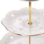 3-Tier Porcelain Embossed Cupcake Stand - Pure White Rimmed with Gold Dessert Cake Stand - Pastry Serving Tray Platter for Tea Party, Wedding and Birthday - Image 4