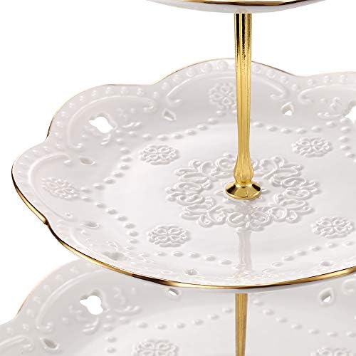 3-Tier Porcelain Embossed Cupcake Stand - Pure White Rimmed with Gold Dessert Cake Stand - Pastry Serving Tray Platter for Tea Party, Wedding and Birthday - Image 4