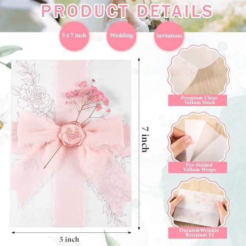 Fullhawl 50 Sets Wedding Invitations Wraps Set Rose Gold Foil Pre Folded Vellum Jackets for 5 x 7 Invitations Pink Dried Flowers Wax Seal Stickers Chiffon Silk Ribbon for Craft DIY - Image 3