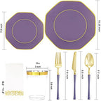KIRE 140Pcs Purple Plates with Gold Rim - Plastic Plates for Party - Image 2