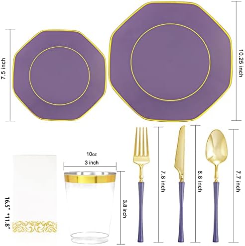 KIRE 140Pcs Purple Plates with Gold Rim - Plastic Plates for Party - Image 2