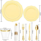Liacere 350PCS Yellow Plates - Yellow Disposable Plastic Plates With Gold Rim-50Guest Plastic Dinnerware include 100 Plates,50 Pack Pre Rolled Napkins with Silverware 50Cups for Wedding＆Party - Image 5