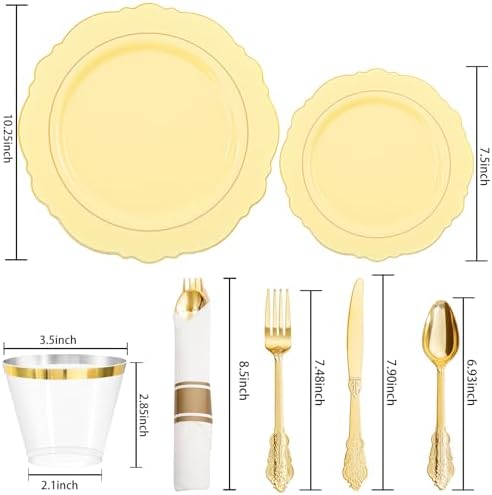 Liacere 350PCS Yellow Plates - Yellow Disposable Plastic Plates With Gold Rim-50Guest Plastic Dinnerware include 100 Plates,50 Pack Pre Rolled Napkins with Silverware 50Cups for Wedding＆Party - Image 5