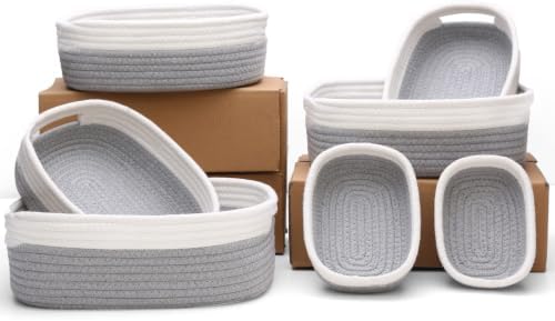 7 Piece Cotton Rope Woven Basket Set - Small Basket for Baby Nursery, Pets, Montessori, Dog & Cat Toy Boxes, Bathroom Organization Bins (White/Gray) by HLWDFLZ