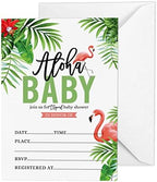 Pack of 30, Girl Baby Shower Party Collection, Baby Shower Invitation Cards, Fill in the Blank Invites WIth Envelopes, Tropical Leave & Flamingo Theme Party Supplies by Inkdotpot