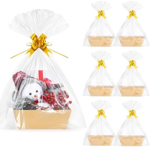 AFOROEOA 6PACK kraft Baskets For Gifts Empty, 10x8 Thick Kraft Paper Basket with 6 Clear Bags and 6 Pull Bows, Empty Gift Baskets for Thanksgiving Christmas Wedding Birthday Rustic Gift Wrapping by AFOROEOA