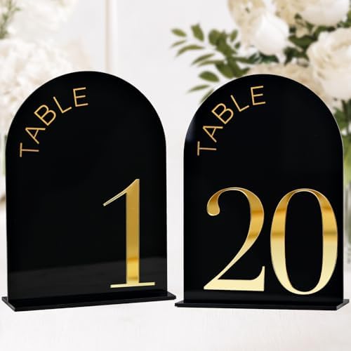 Black Arch Wedding Table Numbers 1-20, Gold Numbers and Stands by JINMURY