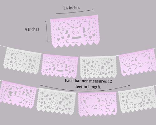 Pink/White Girl Baby Shower Party Banners - Pink Baby Shower Decorations Fiesta Papel Picado Paper Garland, Streamers Features Rocking Horses, Babies, Baby Bottles and Heart Designs 5pack/60 feet - Image 2