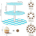 J JOYSAY Chess Checkerboard White Light Blue Pattern Acrylic Cupcake Stand 3 Tier Dessert Table Display Set Clear Cake Stands for Wedding Party Baby Shower Decorations Easy Assembly Pastry Tower - Image 3