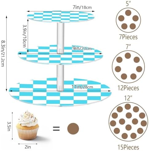 J JOYSAY Chess Checkerboard White Light Blue Pattern Acrylic Cupcake Stand 3 Tier Dessert Table Display Set Clear Cake Stands for Wedding Party Baby Shower Decorations Easy Assembly Pastry Tower - Image 3