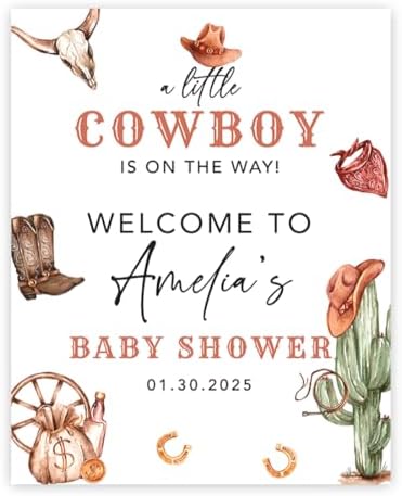 Andaz Press Western Cowboy Baby Shower Decorations, Personalized Little Cowboy Baby Shower Sign, Custom Western Baby Shower Sign In Guest Book Alternative, 16x20-Inch Canvas Welcome Baby Shower Sign by AndazPress