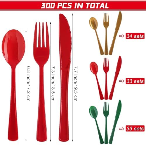 Kochorie 300 Pieces Christmas Plastic Silverware Heavy Duty Plastic Cutlery Set Heavyweight Disposable Flatware Includes Christmas Spoons Knives Forks for Christmas New Year Party - Image 2