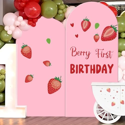 Set of 2 Arch Backdrop Cover 7.2FT, 6FT Pink and Berry First Birthday Decal Sign - Adjustable Round Top Chiara Backdrop Stand Covers for Wedding Birthday Party Baby Shower Banquet Decoration by Newleafly