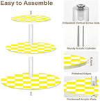 J JOYSAY Chess Checkerboard Yellow White Print Acrylic Cupcake Stand 3 Tier Dessert Table Display Set Clear Cake Stands for Wedding Baby Shower Party Decorations Easy Assembly Pastry Tower - Image 2