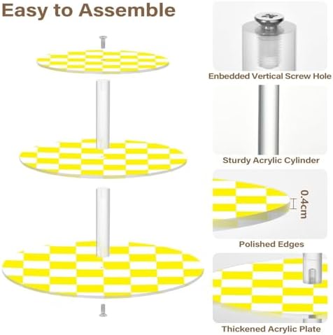 J JOYSAY Chess Checkerboard Yellow White Print Acrylic Cupcake Stand 3 Tier Dessert Table Display Set Clear Cake Stands for Wedding Baby Shower Party Decorations Easy Assembly Pastry Tower - Image 2
