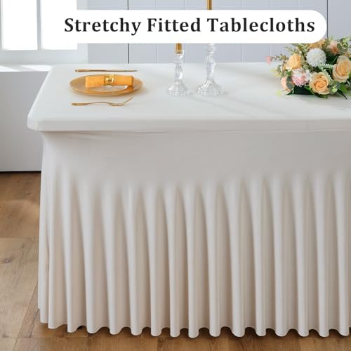 6 Pack Beige Spandex Tablecloths for 6 Foot Rectangle Tables, Wrinkle Free Stretchy Table Cloths 6ft Fitted Table Cover DeskSkirt for Weddings Birthday Party Banquet Baby Shower - Image 2