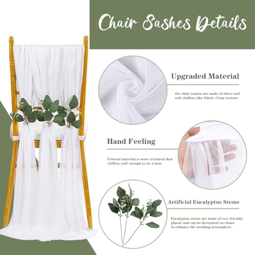 QueenDream White Chair Sashes Wedding: 16 Pieces Long Sheer Wedding Aisle Chair Decorations Tulle Chairs Covers with Artificial Eucalyptus - Image 3