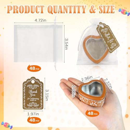 48 Pcs Brown Mexican Heart Shaped Tins with Clear Lids Organza Bags Thanks Cards De Barro Mexicanos Empty Candle Candy Boxes Cielito Lindo Party Decorations for Wedding Gifts Fiesta Party Favors - Image 2