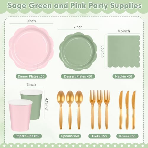 350 Pcs Sage and Pink Paper Plates and Napkins Party Supplies - Pink and Green Birthday Decoration Include Dusty Pink Sage Green Scalloped Plate Napkin Cup & Cutlery for Baby Shower, Wedding, Birthday - Image 2