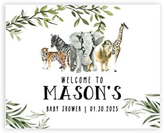 Andaz Press Custom Large Baby Shower Canvas Welcome Sign, 16 x 20 Inches, Leaf Foliage Jungle Animals, Guestbook Alternative, Personalized Sign Our Canvas, For Jungle Safari Baby Shower, Sprinkle by AndazPress
