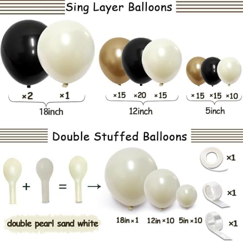 Black White Gold Bow Balloon Arch Double Stuffed Pearl White and Sand Balloon Garland Cream Ivory Sand Latex for Birthday Bridal Shower Wedding Baby Shower Party Decorations - Image 4