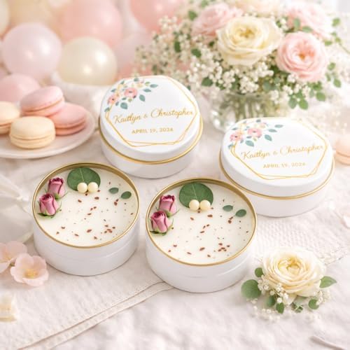 Personalized Candle Wedding Favors – Scented Custom Soy Wax Thank You Gifts with Dried Flowers – Custom Names & Date – Elegant Tin Gift (10-20-30-40-50-100 Bulk Options) - Image 4