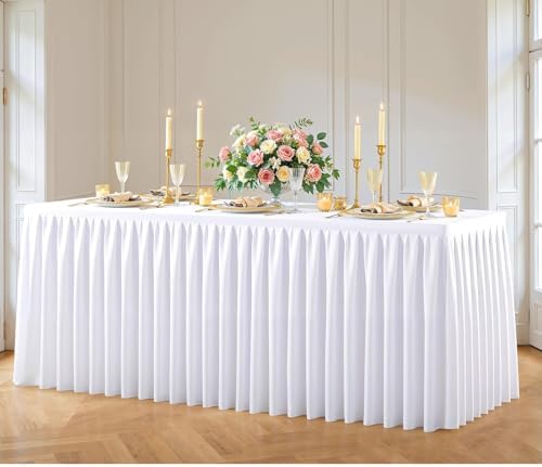 White Polyester Table Cloths for Rectangle 6 Foot Tables, 1 Pack Wrinkle Free Tablecloths Stretchy Banquet Ruffle Fitted Table Cover Desk Skirt for Parties Wedding Birthday Baby Shower by Unknown