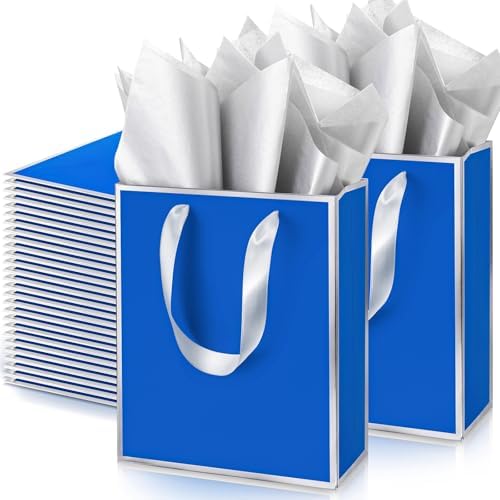 Yeaqee 50 Pcs Metallic Paepr Gift Bags Bulk with Handles,Royal Blue, Silver by Yeaqee