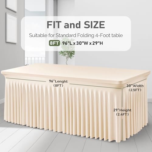 1 Pack Light Champagne Table Clothes for 8 Foot Rectangle Tables, One-Piece Wrinkle Resistant Stretch Spandex Table Covers with Skirt for Event Banquet Wedding Birthday Party - Image 3
