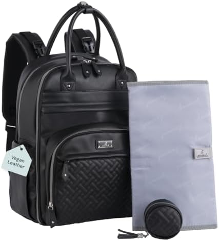BabbleRoo Leather Diaper Bag Backpack - Baby Essentials Travel Baby Bag, Multi function, with Changing Pad, Stroller Straps & Pacifier Case – Unisex, Black by BabbleRoo