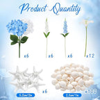Yinder 6 Set Blue Wedding Flower Table Centerpieces Artificial Hydrangea Flowers Coastal Seashell Starfish Vase Table Decorations Blue White Floral Arrangement for Baby Shower Wedding Party Decor - Image 2