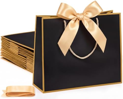 Silkfly 24 Pcs Paper Gift Bags with Handles & Bow Ribbon, Black, Gold by Silkfly