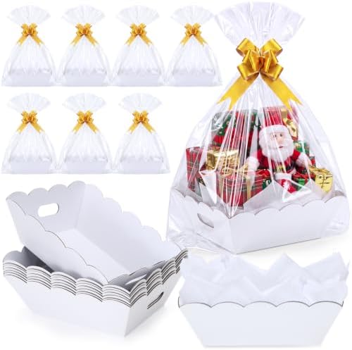 Fuyoooo 8 Pack White Baskets for Gifts Empty to Fill, Sturdy 10" x 12" Scalloped Edged Empty Gift Basket Kit Bulk with Handles, 8 Wrap Bags, 16 Tissue Paper and 8 Bows for Wedding Party by Liraitoya