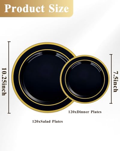 Goodluck 200 PCS Black Plastic Plates with Gold Rim, Heavy Duty Disposable Black Plates with 100 10.25 inch Dinner Plates and 100 7.5 inch Dessert Plates for Party, Holiday, Wedding - Image 2