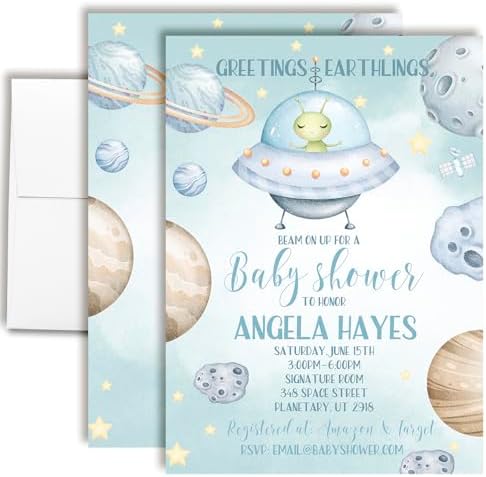 Amanda Creation Alien Outer Space Baby Shower Invitations for Boys, Space Themed Baby Shower Invitations, 20 Personalized 5x7 Double-Sided Cards with White Envelopes, Made in USA by AmandaCreation