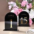 UNIQOOO Black Arch Wedding Table Numbers with Stands 1-15, Gold Foil Printed 5x7 Double Sided Acrylic Signs and Holders, Perfect for Centerpiece, Reception, Decoration, Party, Anniversary, Event by UNIQOOO